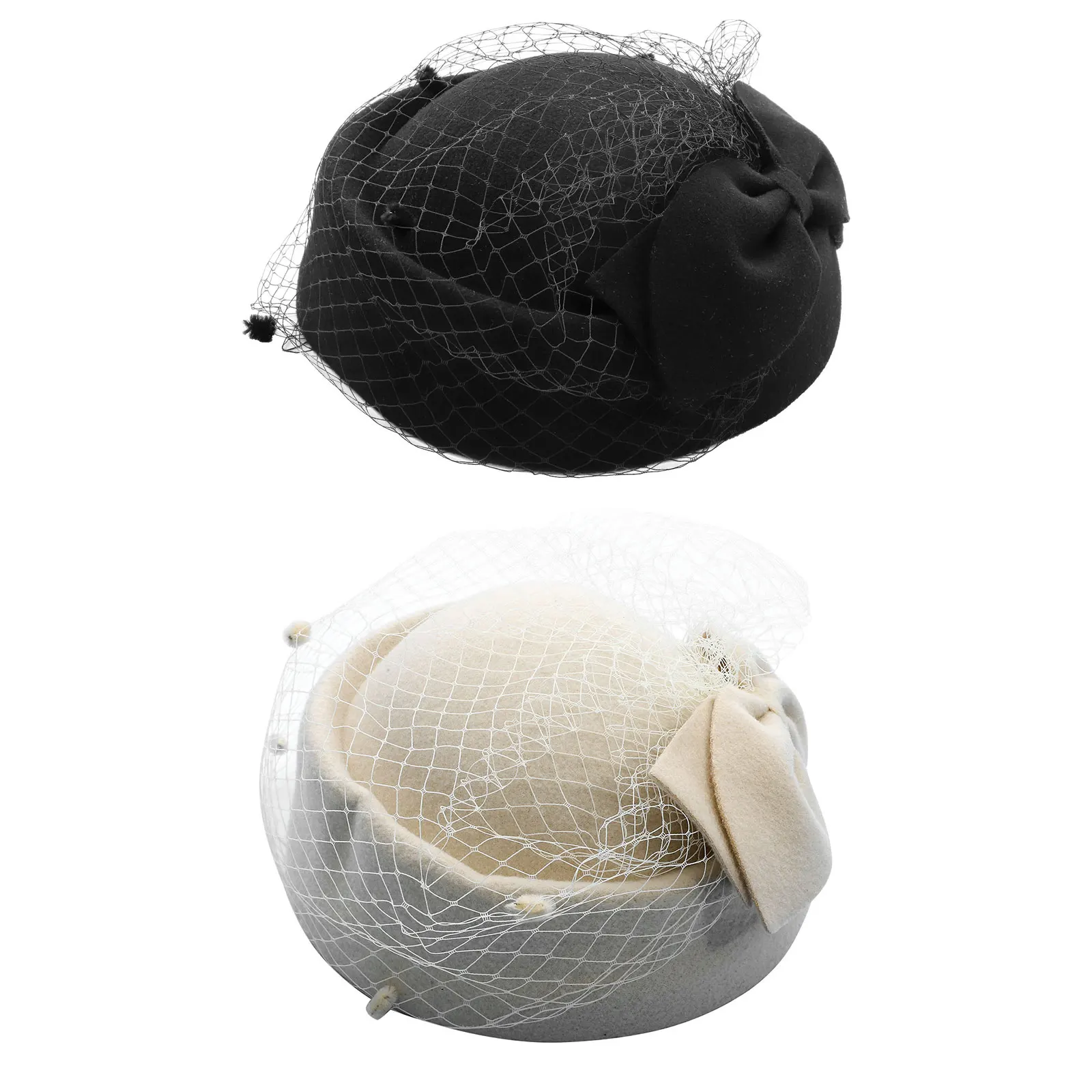 Womens Elegant Pillbox Fascinator Hat with Mesh Net Veil Vintage British Felt Derby Hat Bowknot Beret Hat for Church Cocktail