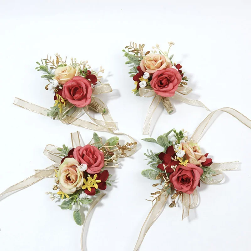 ประดิษฐ์ Buttonhole งานแต่งงานเจ้าบ่าว Boutonniere Corsage สร้อยข้อมือ Bridesmaid สีขาวสีชมพูดอกไม้ผ้าไหมเข็มกลัดแต่งงาน Pins