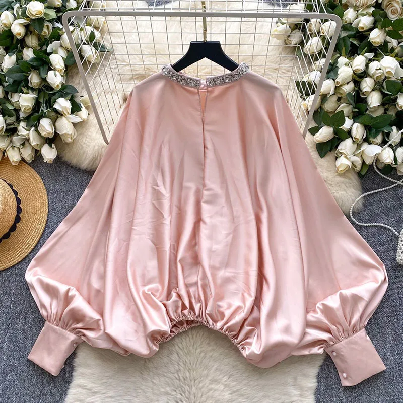 Diamonds Beading Satin Shirt Batwing Sleeves Stretchy Waist O Neck Aesthetic Blouse Feamle Senior Glamorous Gala Top