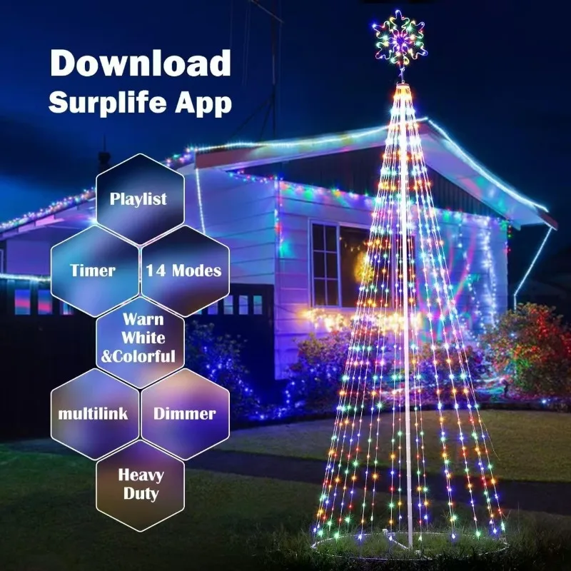 Outdoor Lighting Christmas Tree Lights, 12ft Smart LED Outdoor Flagpole Christmas Tree Light Show with 648 Lights