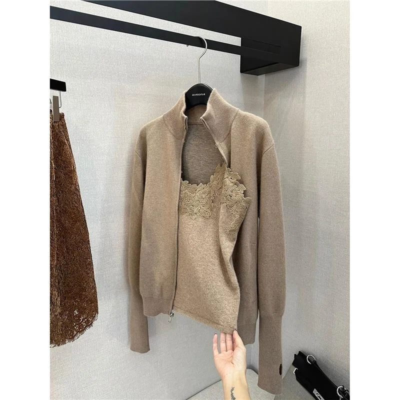 

Lazy Feelings High-End Zipper Stand Collar Women's Two-Piece Set Fashionable French Style Long Sleeve Button Straight Cut