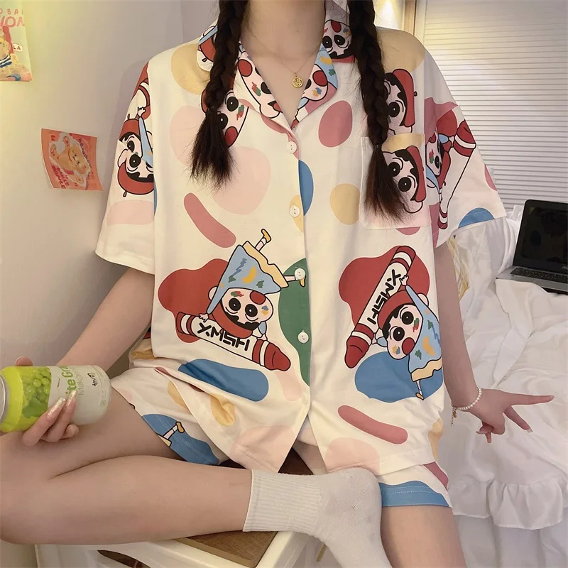 Conjuntos de pijamas de seda para mujer, ropa de dormir holgada, Tops y pantalones cortos, Y2K, Japón, Anime, crayón, ropa de casa, satén, Kawaii,