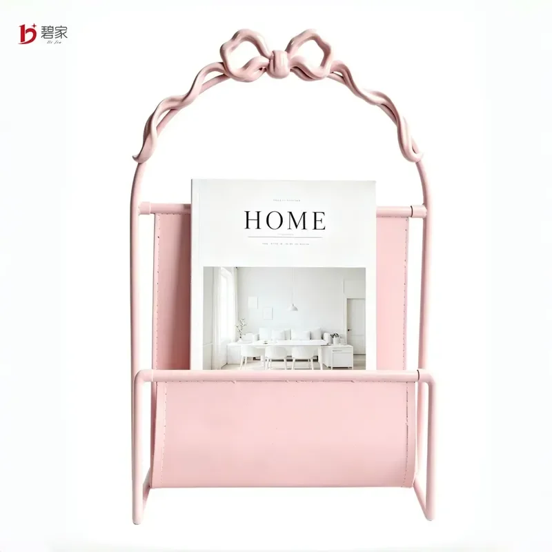 Pink Heart Wrought Iron Bookshelf Small Bow Engraved Magazine Rack French Modern Style Storage Shelf for Girls Room Decor
