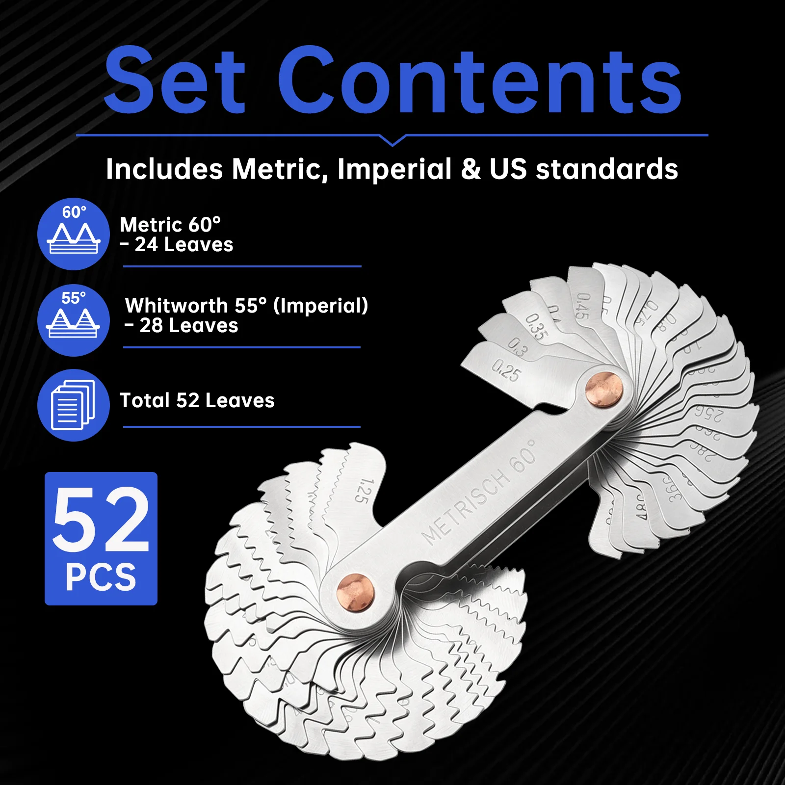 52 Pcs Blade Metal Nut Thread Pitch Gauge Stainless Steel Metric Whitworth 60 55 Degree Measuring Gage Screw Thread Pitch Gauge