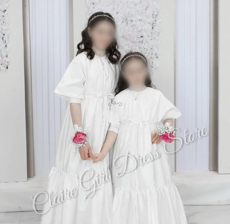 فستان فتاة الزهور العاجي المخصص لحفلات الزفاف منتفخ عالي الخصر 3/4 الأكمام للأطفال وصيفة العروس وحفلات أعياد الميلاد أول مناولة #3