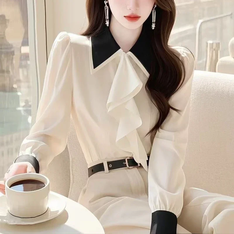 

Casual Women's Blouses Korean Shirts FASHION Slim Fit Spring/Summer Clothing Solid Long Sleeve Ruffle Office Lady Women Tops
