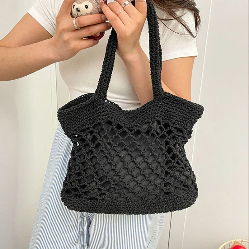 

New Solid Color Cotton Thread Crochet Handbag Summer Hollow Out Weaving Fashion Shoulder Bags Beach Vacation Women's Bag