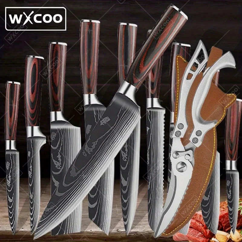 

11 Pcs, Kitchen Chef Knife Set, Stainless Steel Damascus Drawing Gyuto Cleaver Set Slicer Santoku Chef Knife Kitchen Scissors