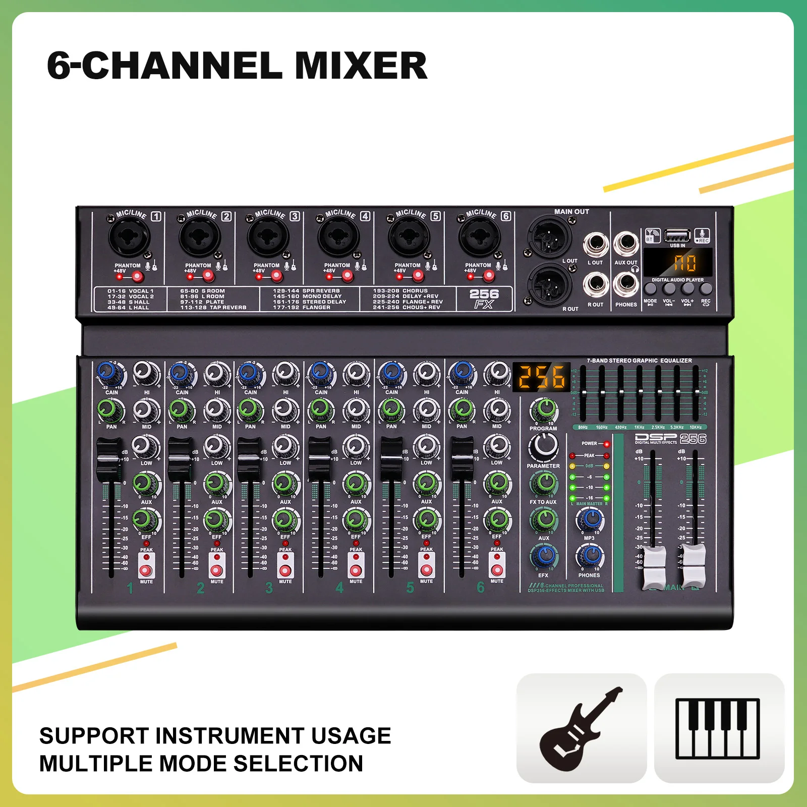 4 / 6 Channel Audio Interfacer DJ Mixer 256-Bit DSP Effect USB Audio Mixer Effects +48V Phantom Bluetooth for Karaoke