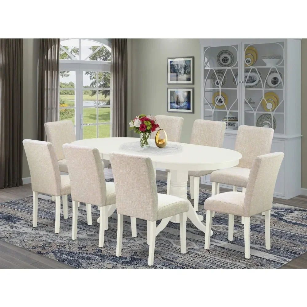 9 Piece Dining Room Set Includes an Oval Wooden Table with Butterfly Leaf and 8 Light Beige