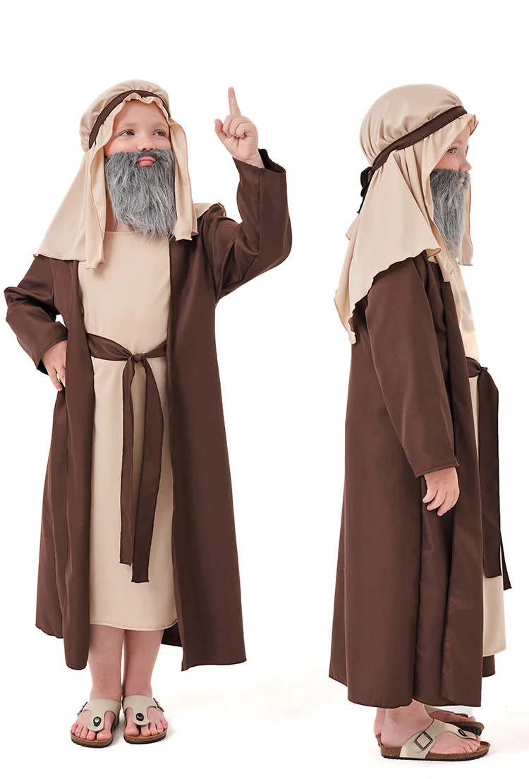 

Children's Brown Arab Grandpa COS Costume Middle Eastern Retro Elderly Role Playing Festival Stage Performance Party Costume