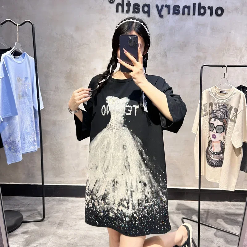 Neue leichte Luxus Mode Sommer Strass T-Shirt Brautkleid voller Diamant mittellange kurze Ärmel übergroße lässige Vestidos