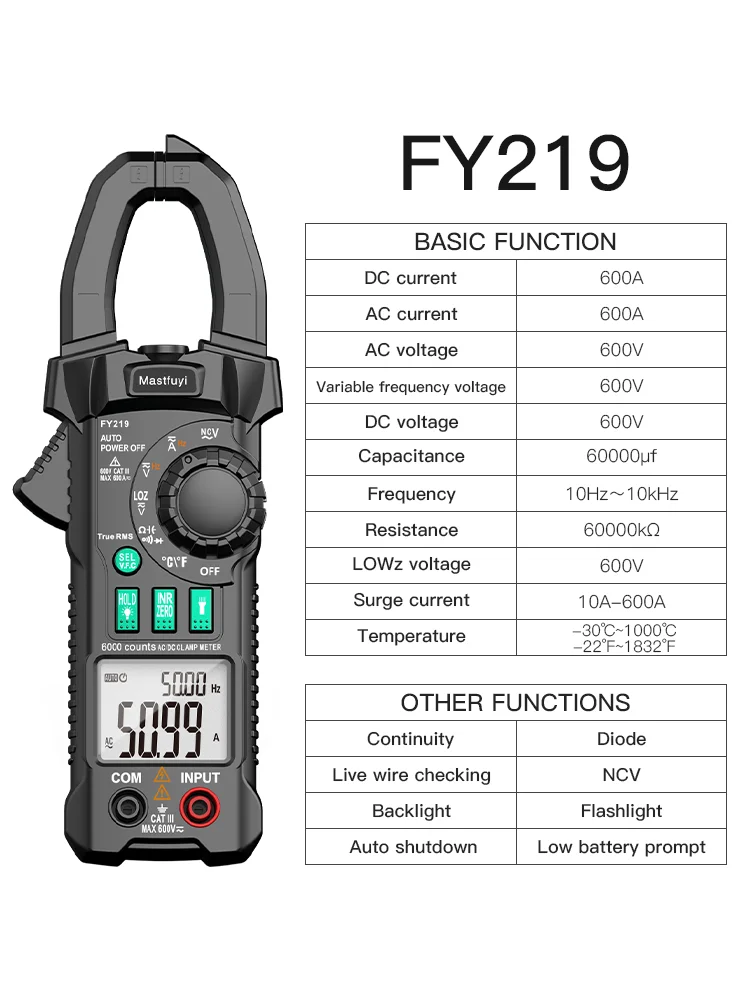 FY215/FY217/FY219 cyfrowy miernik cęgowy multimetr amperomierz AC napięcie prądu stałego True RMS wysoka precyzja pojemności NCV Ohm Hz Tester