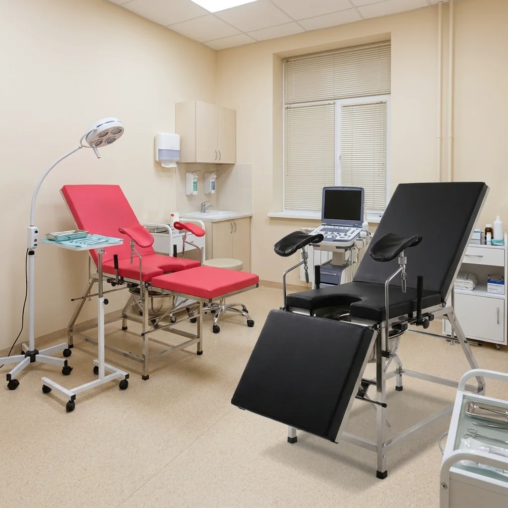 Fauteuil d'examen gynécologique réglable et épaissi avec supports de jambes incurvés, espace spacieux, forte capacité de charge, bassin d'égouttage mobile pour usage médical