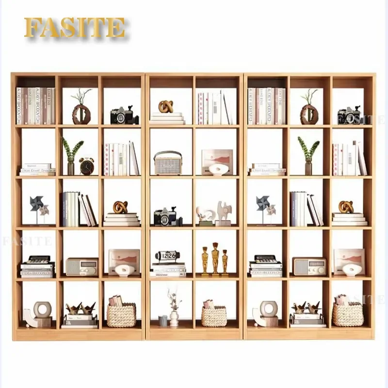 For Rubber Wood Solid Wood Floor to Ceiling Bookshelf Household Wall Combination Lattice Display Cabinet Partition Storage
