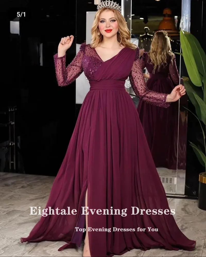 Eightale Elegant Evening Dresses Burgundy Glitter V-Neck Pleats Chiffon Long Sleeves Prom Party Gown Graduation robes de soirée