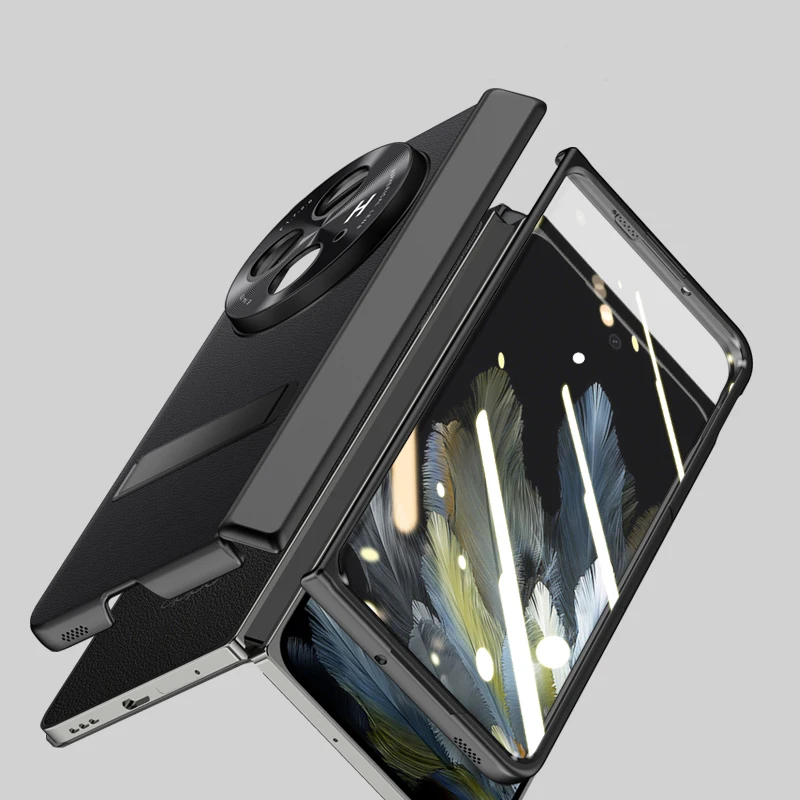 For OPPO Find N3 Case PU Leather Hinge Kickstand + Tempered Glass Folding Lens Protection Cover For OnePlus Open