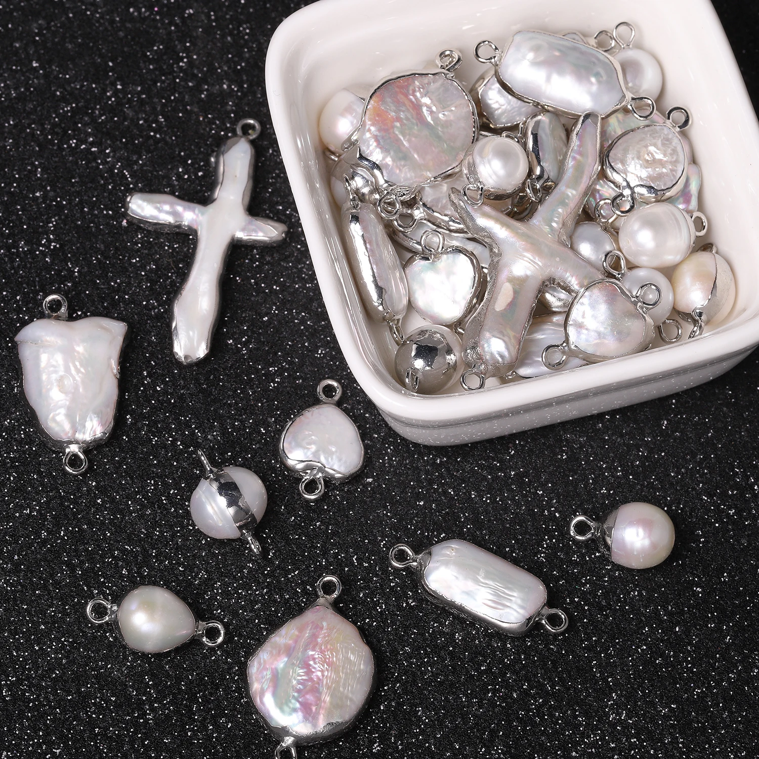 الطبيعية غير النظامية الحب القلب الصليب شكل حبات اللؤلؤ فضي الحواف فضفاض قلادة الخرز لصنع المجوهرات عقد دي اي واي سوار