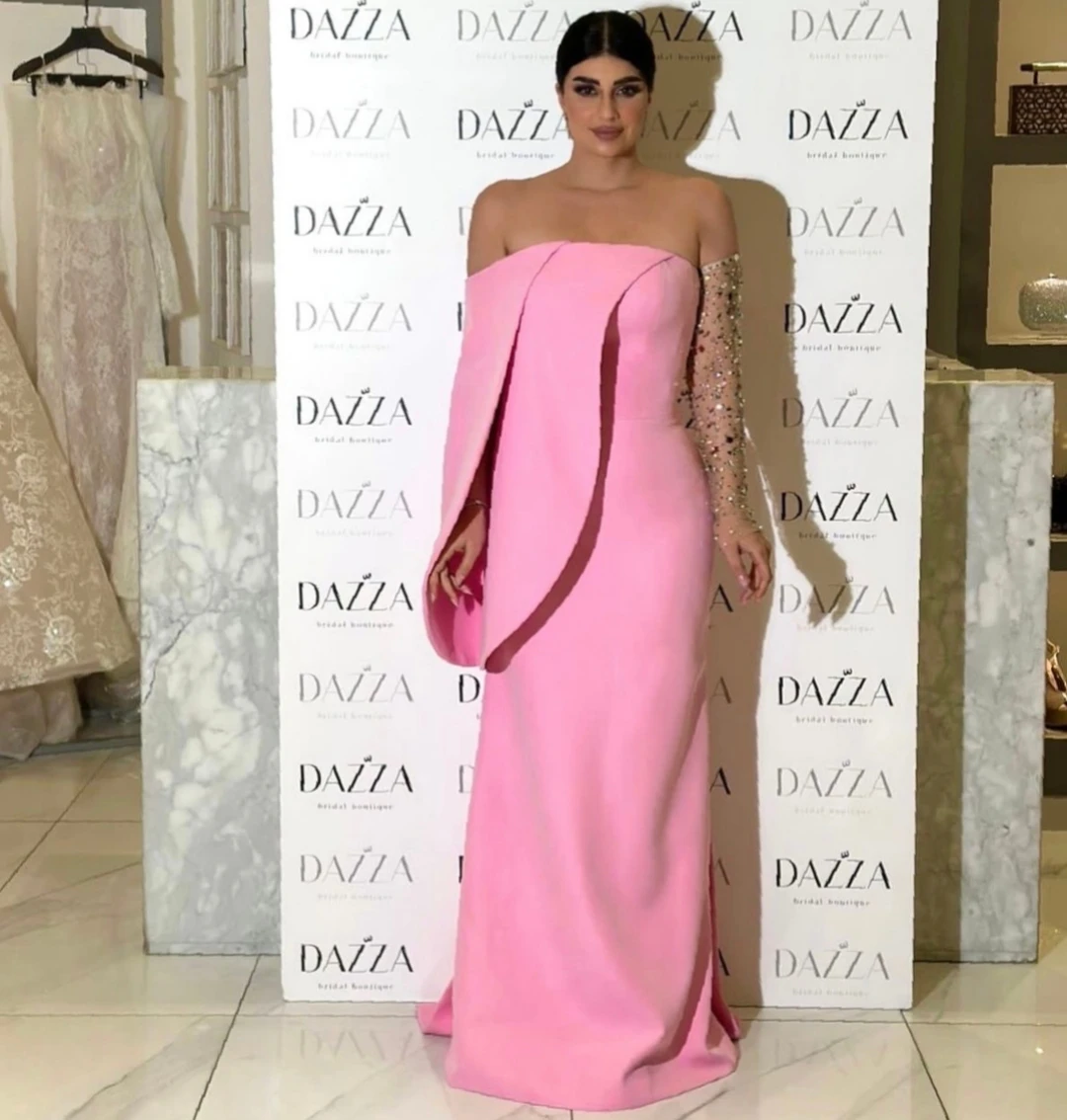 

Lovestory Modern One Shoulder Pink Prom Dresses Beaded Sequins Long Sleeve Celebrity Party Evening Sheath Formal Occasion Gowns