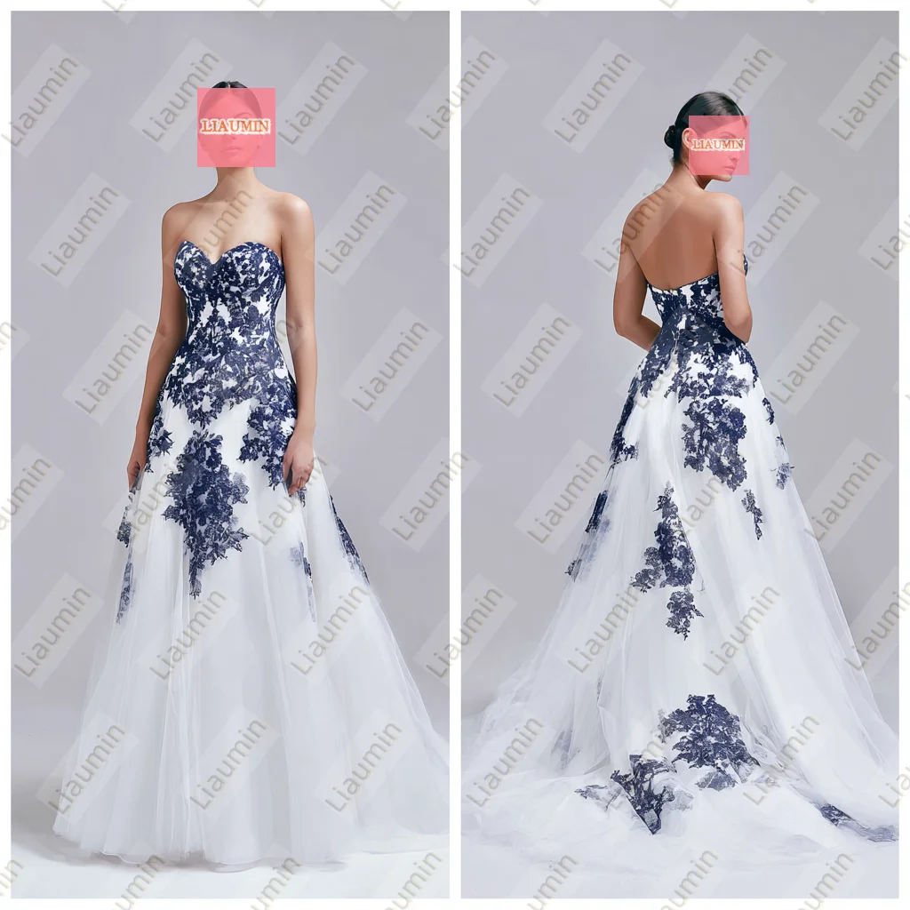 

White Tulle Blue Lace Applique Strapless Floor Length A Line Evening Formal Wedding Occasion Prom Dress Customized Made W20.1.17