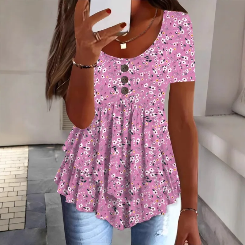 Fashion Flower Irregular Womens Top Casual O Neck Button Short Sleeve Print Ruffles Blouse Lady Elegant Summer Blouse And Tops