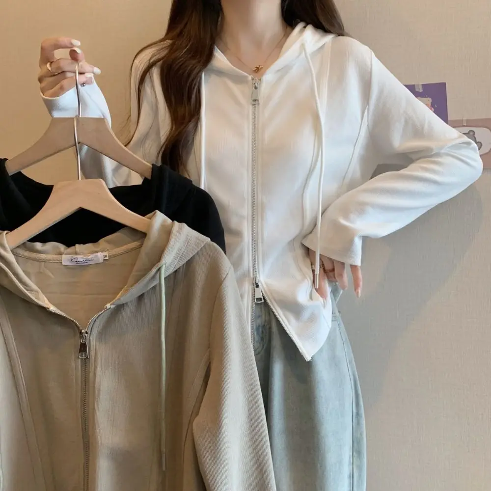 Irregular Female Solid Hoodie Zipper Slim Fit Long Sleeve Shirt Sweatshirt Female Clothing Drawstring Shrug Pullover Travel