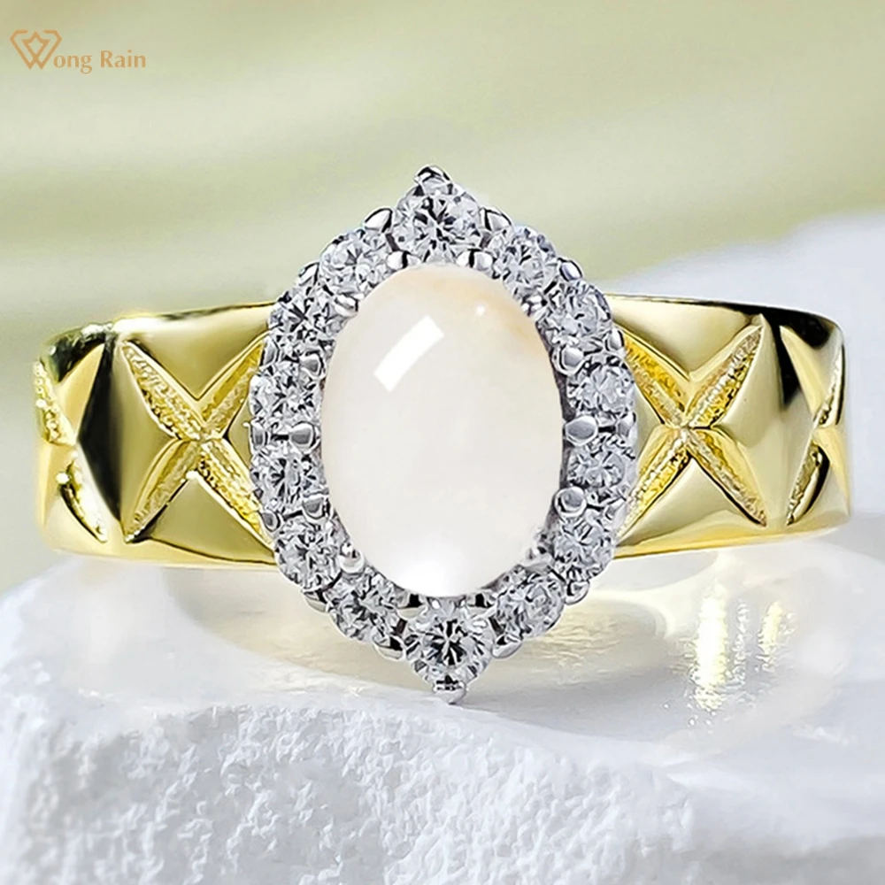 Wong Rain 18K Gold Plated 925 Sterling Silver Oval 5*7 MM Natural Jade High Carbon Diamond Gemstone Engagement Fine Jewelry Ring