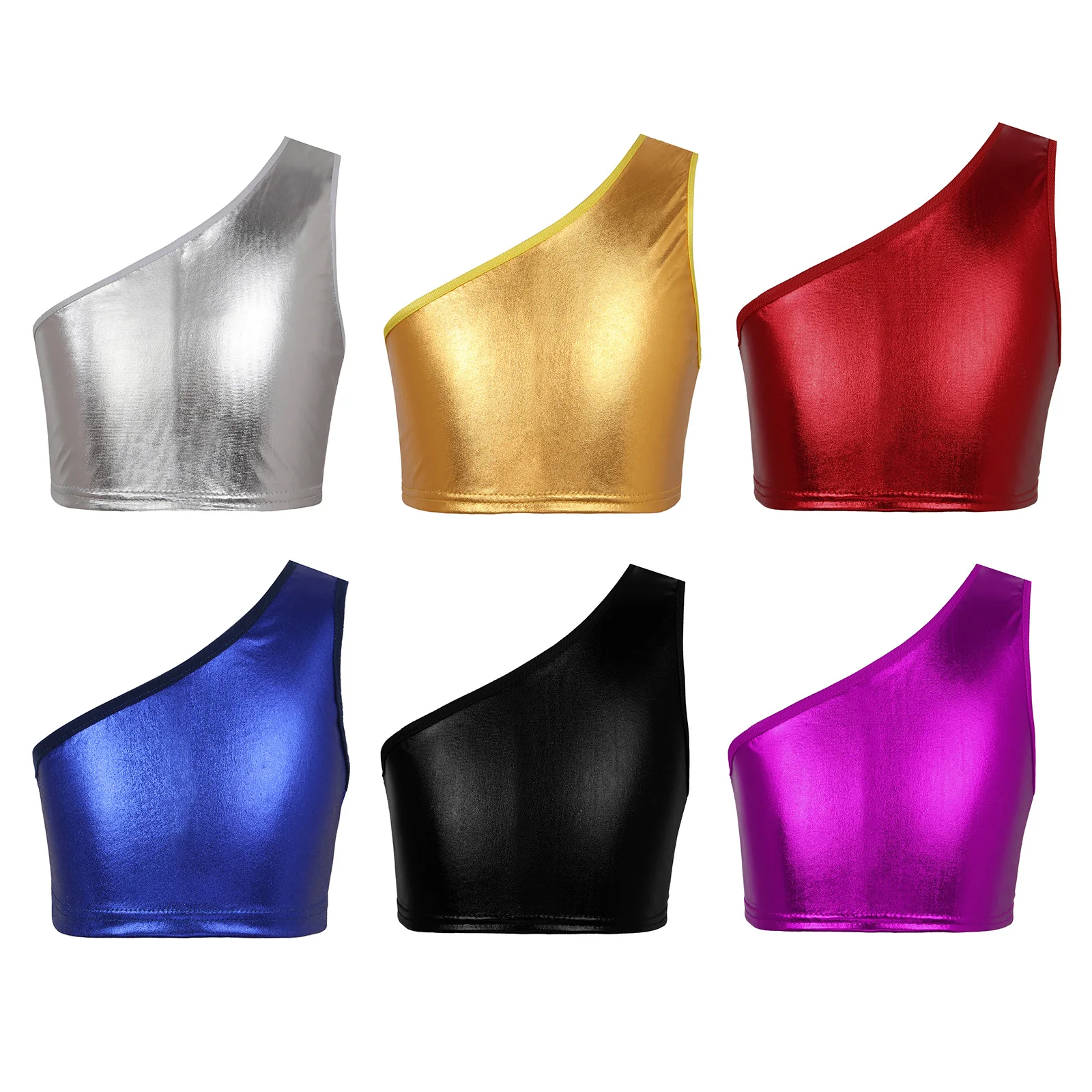 Kindermeisjes Jazz Streetdance Cheerleading Performance Kostuum Enkele Schouder Glanzend Metallic Vest Crop Tops Voor Schoolshow