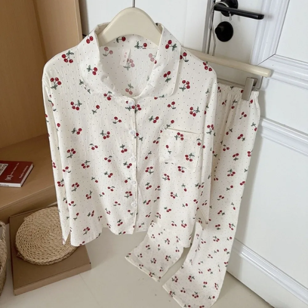 Langarm-Pyjama-Set für Damen mit Hund-, Hasen- und Blumenmuster, langes Schlafanzug-Set, Cartoon-Kirschen-Motiv, 2-teiliges Pyjama-Set für Studentinnen und Mädchen – Detail 11