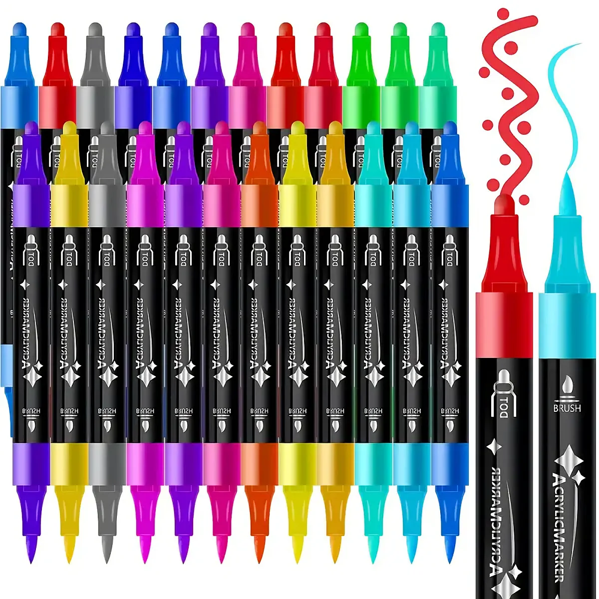 24-Farben-Acrylfarben-Marker-Set – Dual Tips (Pinsel & Punkt) – Nicht brühend, keine Verschmiertinte – perfekt für Stein, Holz, Leinwand