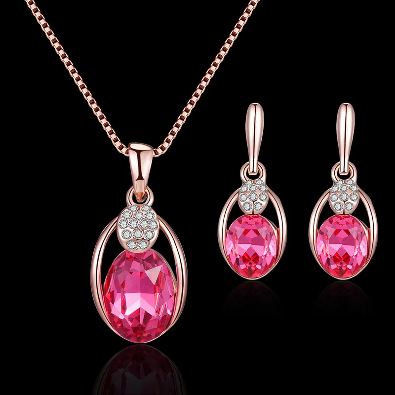 Geometric oval artificial crystal earrings necklace jewelry set rhinestone pendant earrings accessories gift Christmas New Year