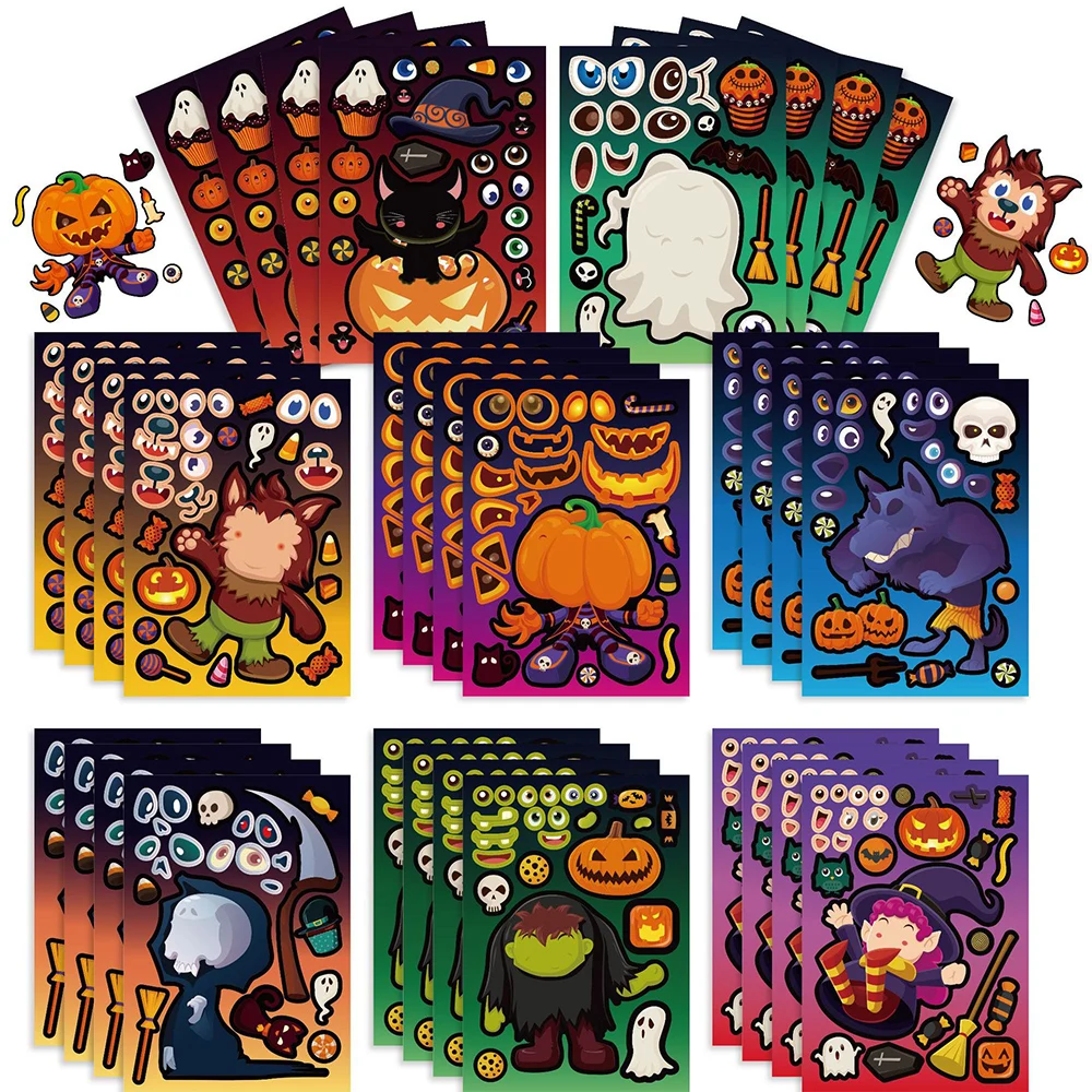 

8/16Sheets Cool Halloween Children Puzzle Stickers Make-a-Face Funny DIY Assemble Jigsaw Cartoon Sticker Kids Educational Toys