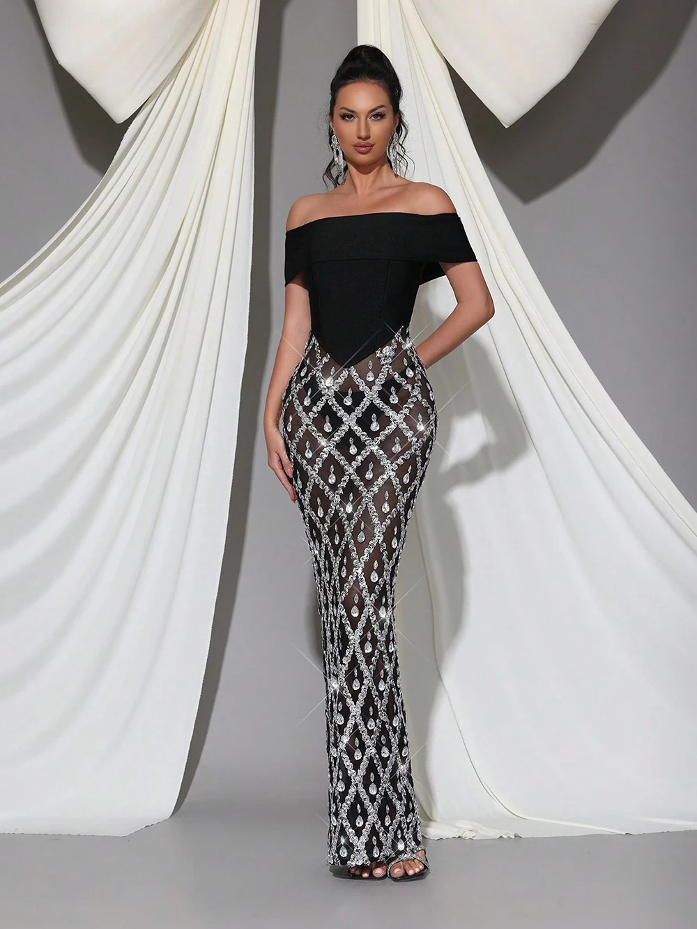 Modphy Sparkling Luxury Diamond Mesh Patchwork Long Dress Woman See Through Off Shoulder Sexy Fashion Bodycon Prom Party Gown