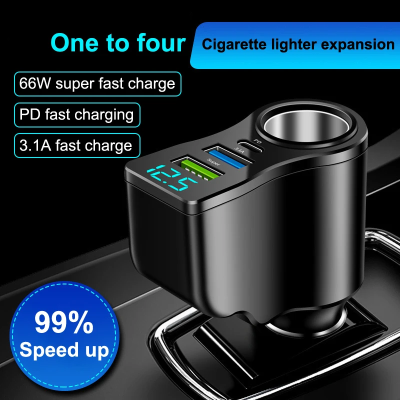 Dual USB Car Charger Digital Display Car One To Three Cigarette Light 66W Car Multifunctional Charger