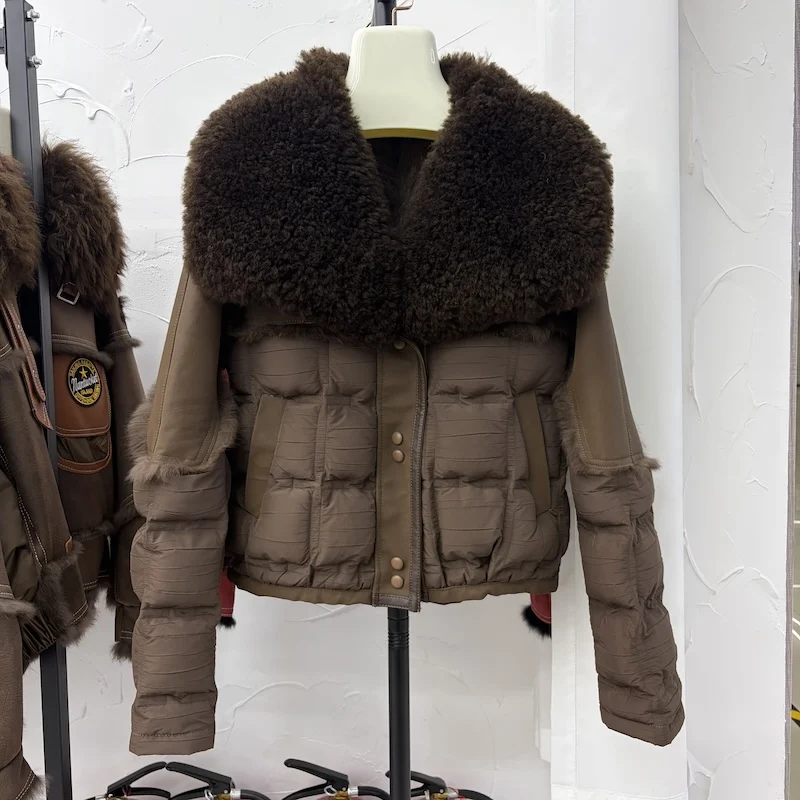 Women Winter Warm Duck Down Real Rabbbit Fur Jackets Natural Lamb Sheep Fur Collar Thick Coat Outwear Female Jackets Hot Sale