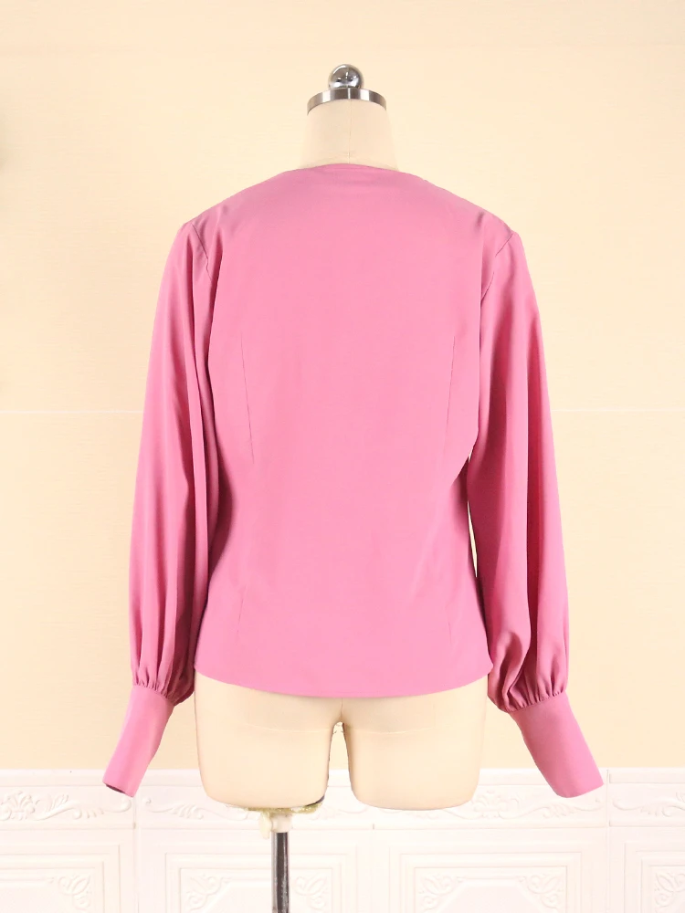 Tops de talla grande con cuello en V para mujer, camisa de manga larga de farol rosa y azul, blusa informal de oficina para mujer, novedad de verano y otoño