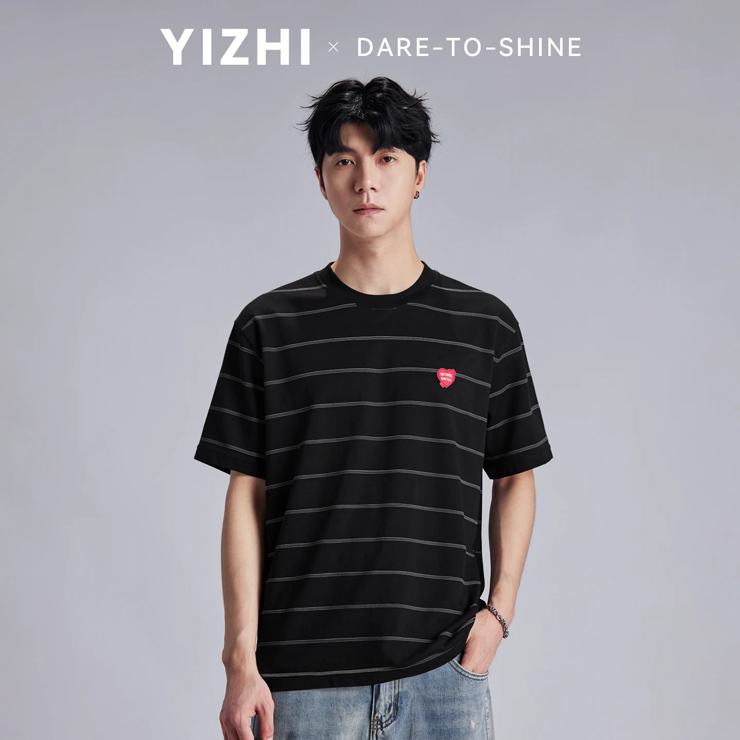 Fashion Men's 300GSM Heavyweight Striped Heart Embroidered T-Shirt 2026 Summer Loose Casual Commuter Couple Short Sleeve Tops