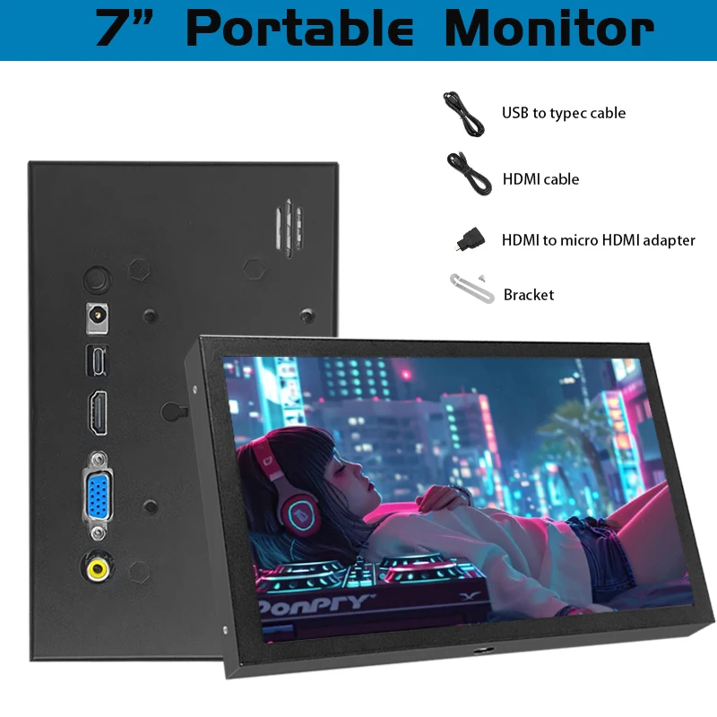 7 polegadas mini monitor portátil HD / Vga monitor com AV BNC 1024 × 600 tela LCD IPS tela de exibição pequena para RPI / PC / TV / DVD / CVBS