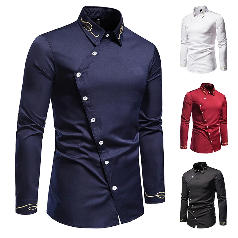 Men\'s Long Sleeved Shirt Embroidered Asymmetrical Button Design Wedding Groomsman Formal Party Dress Gentleman Casual Shirt