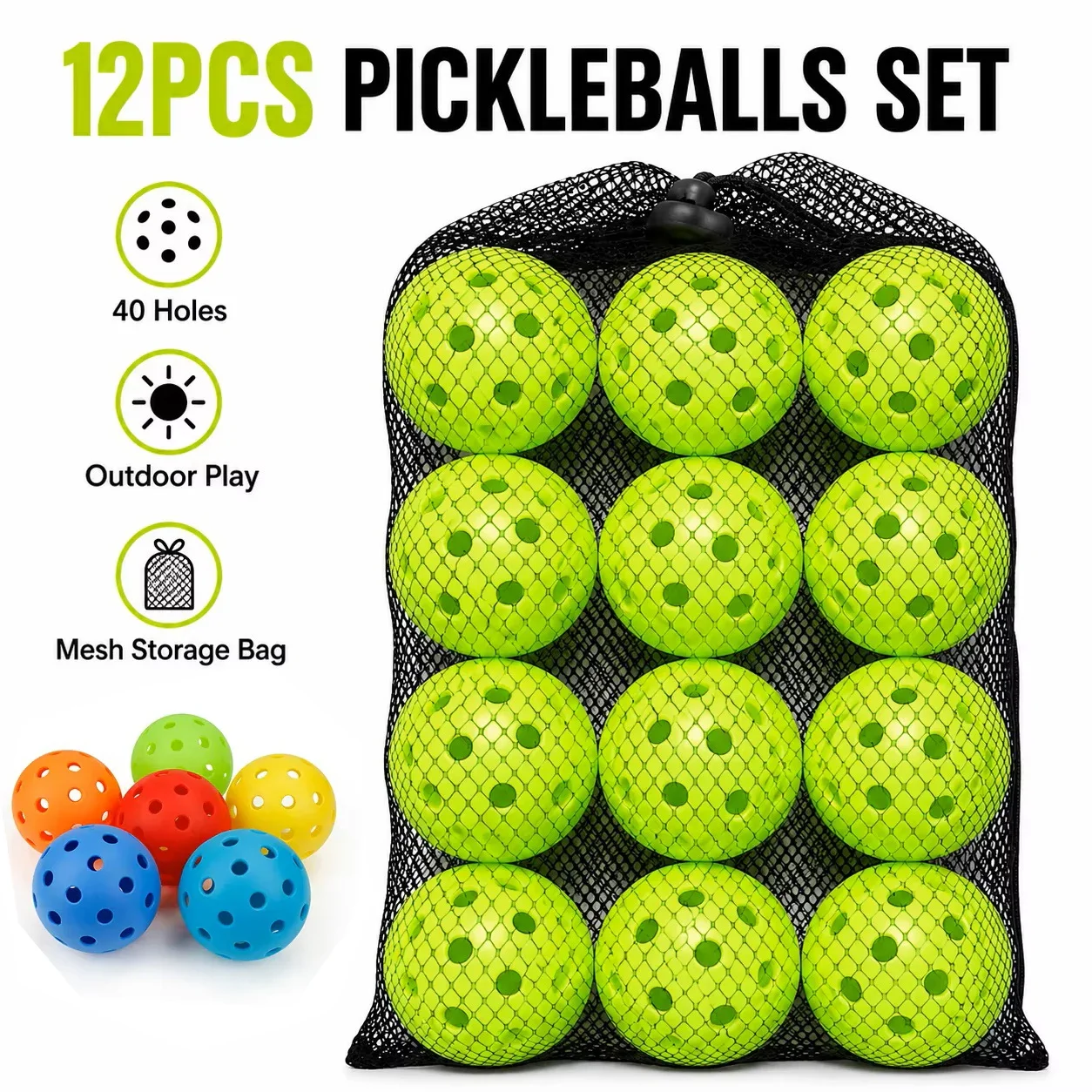6-48pcs Pickleball Balls Set 74mm 40 Hole PE Outdoor Practice Balls with Mesh Bag for Competition Pickleball Packs of Pickleball