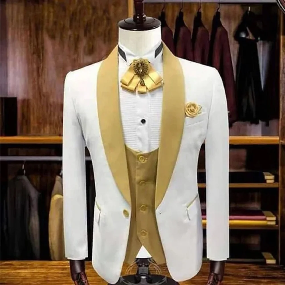 

White Men Suits Gold Shawl Notch Lapel Costume Homme Tuxedos For Wedding Bridegroom 3 Pcs Prom Slim Fit Blazers Jacket Pant Vest