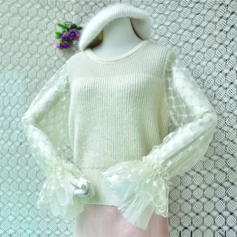 ladies Women Spring Autumn Fashion Beige Hairy Mohair Wool Knitted Lace O-Neck