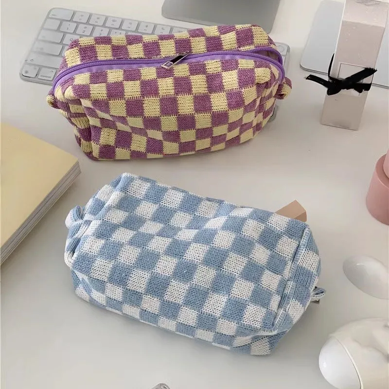 Women Cute Pencil Case Storage Bag Cosmetic Bag Large Capacity Knitting INS Korean Makeup Case Sanitary Napkin Holder Pouch