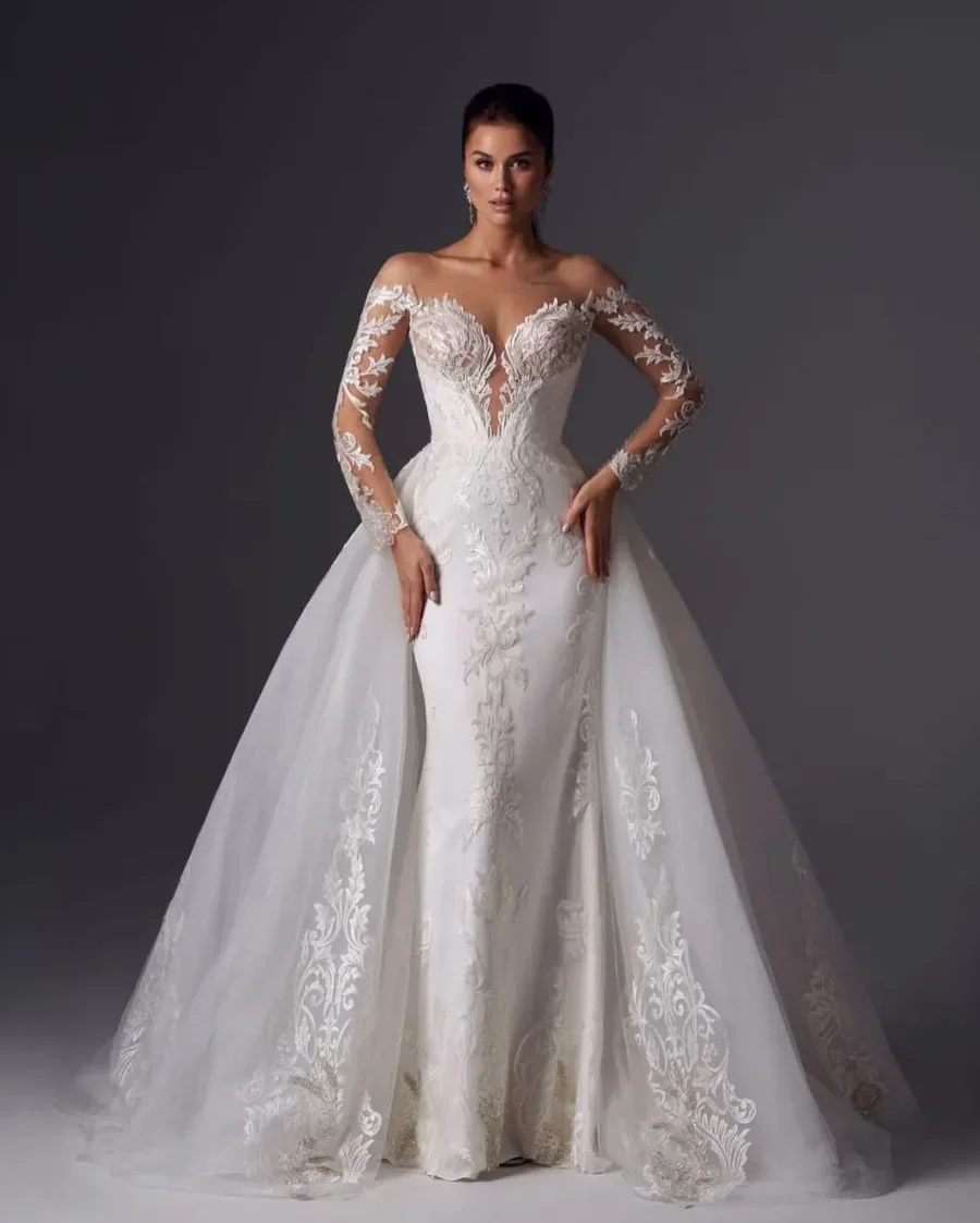 Vestido de novia de sirena de manga larga con escote en forma de corazón de lujo, pegatinas de encaje de tul brillante, vestido de novia desmontable, personalización