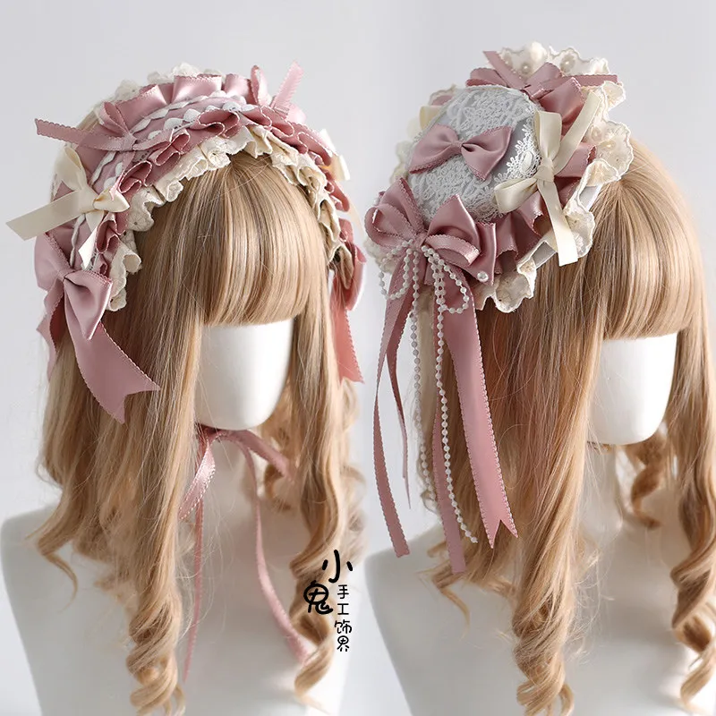 

Заколка-бант для волос Lolita KC Mini Top Hat, пыльно-розовая, из хлопкового кружева, ручной работы, в стиле куклы, аксессуар для волос в стиле балеткор