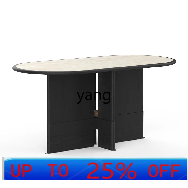 

LMM focus dining table cream wind rock slab oval table living room light luxury solid wood dining table