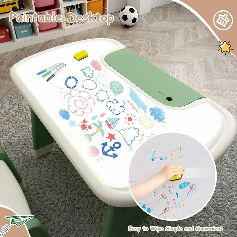 Juego de mesa y silla de dibujo para niños con bolígrafo de acuarela y Borrador de pizarra, mesa de actividades con estante de almacenamiento, muebles para niños pequeños