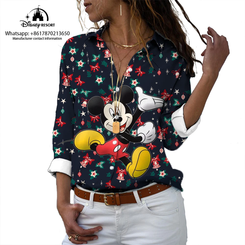 Camisa estampada feminina Minnie Cartoon, manga comprida, lapela, fofa, casual, moda de rua, Harajuku, Novo, 2024