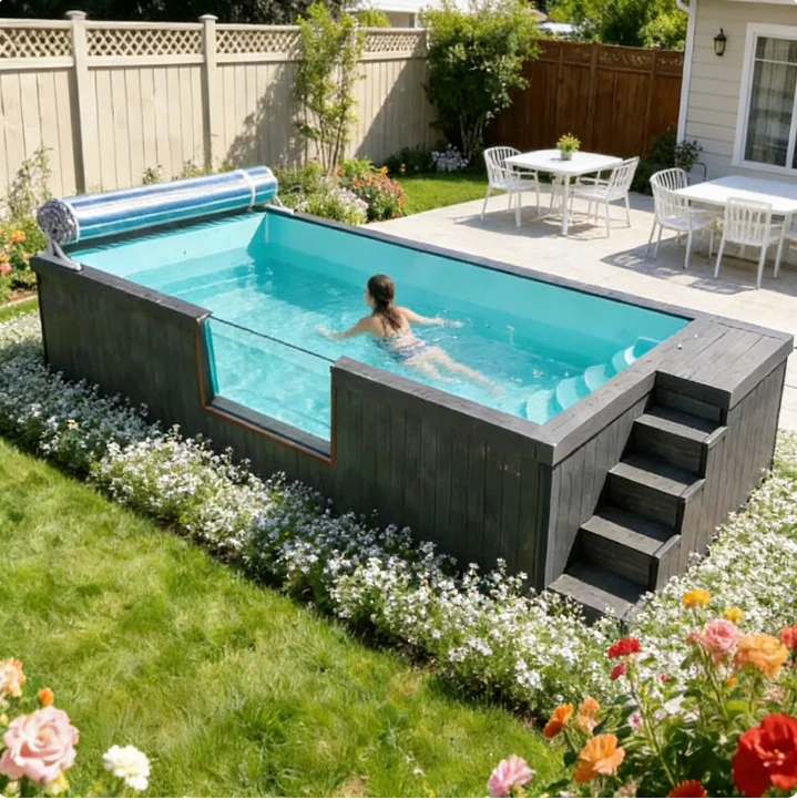 Shipping Container Pool 40ft 20ft Modern Swimming Pool Prefab Modular Above Ground Unit With Built-in Bench And Entry Steps