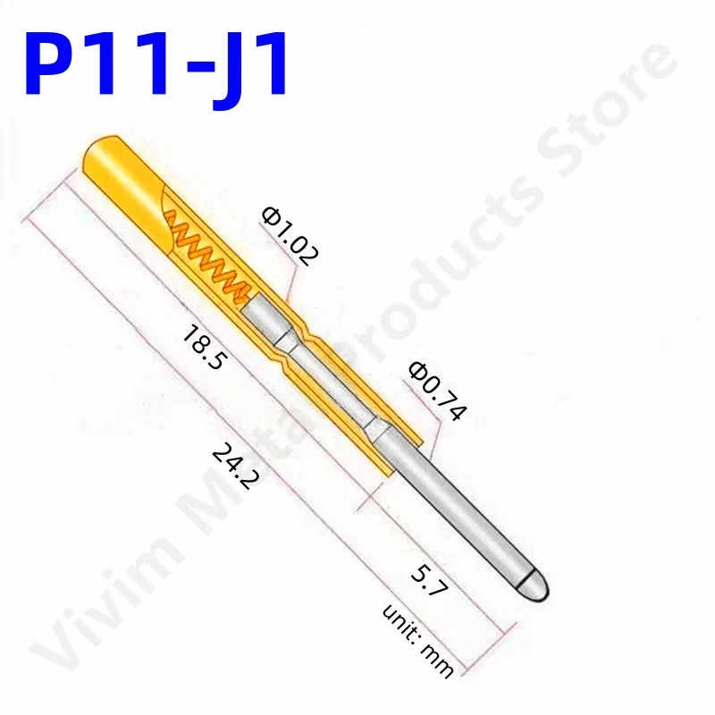 100PCS P11-J1 Spring Test Probe Pogo Pin Test Pin Dia 1.02mm Tip Dia 0.74mm Length 24.2mm P11-J Test Tool PCB Test Round Tip